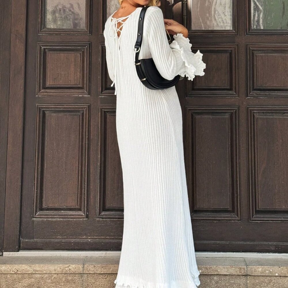 White Elegant Women's Long Sleeve Crew Neck Flare Cuff Sweater Dress - Picture 2 of 5